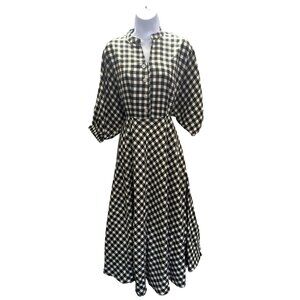 CCC Vintage Black White Gingham Checkered Midi Dress Button Front Elastic Cuffs